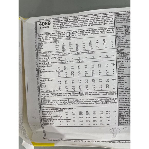 McCalls 4089 Sewing Pattern Sizes 14-16-20 EE  Gothic Vampire Queen Witch UNCUT - Picture 6 of 7